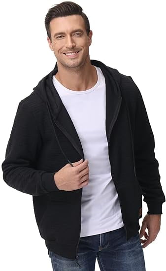 QPNGRP Men's Full-Zip Hoodie Lightweight Hoodie Sweatshirt Jacket Solid Hooded with Kanga Pocket Black 2XL