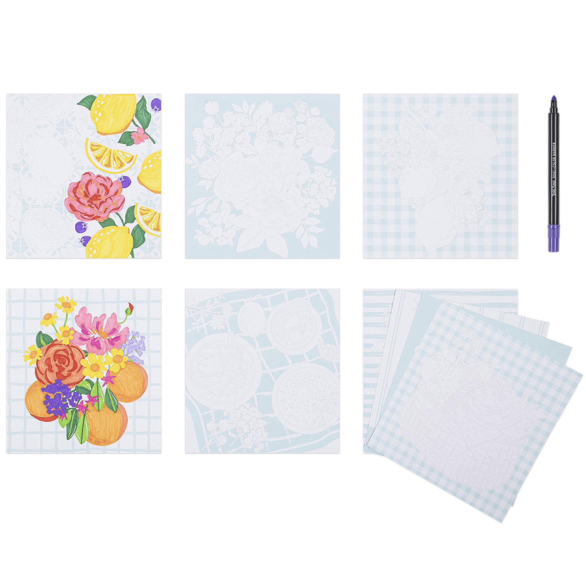 Brea Reese: Marker Color-by-Number Kit - Fruit & Floral - 5 Dual-Tip Markers, 12 Bright Designs, Guided Art, 8.5 x 9.75" Pages, Adult Spiral Art Pad