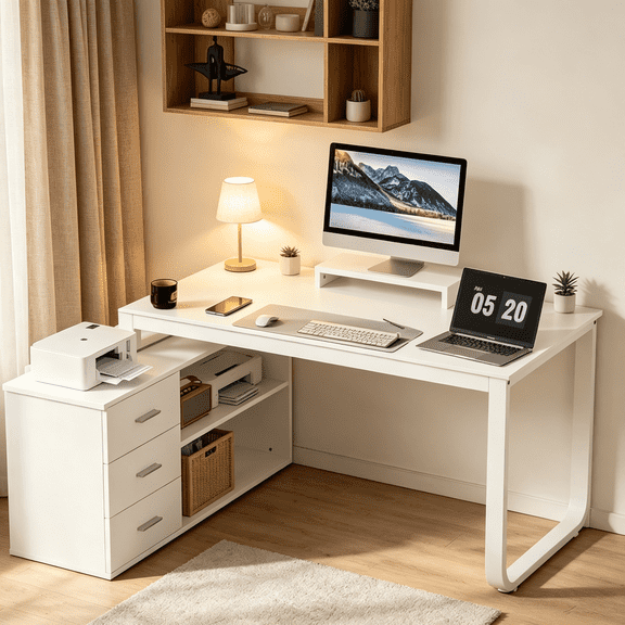 DreamCurship 55 Inch White Reversible L Shaped Desk with 3 Storage Drawers, Computer Desk with Shelves and Monitor Stand, Corner Desk for Small Spaces, White