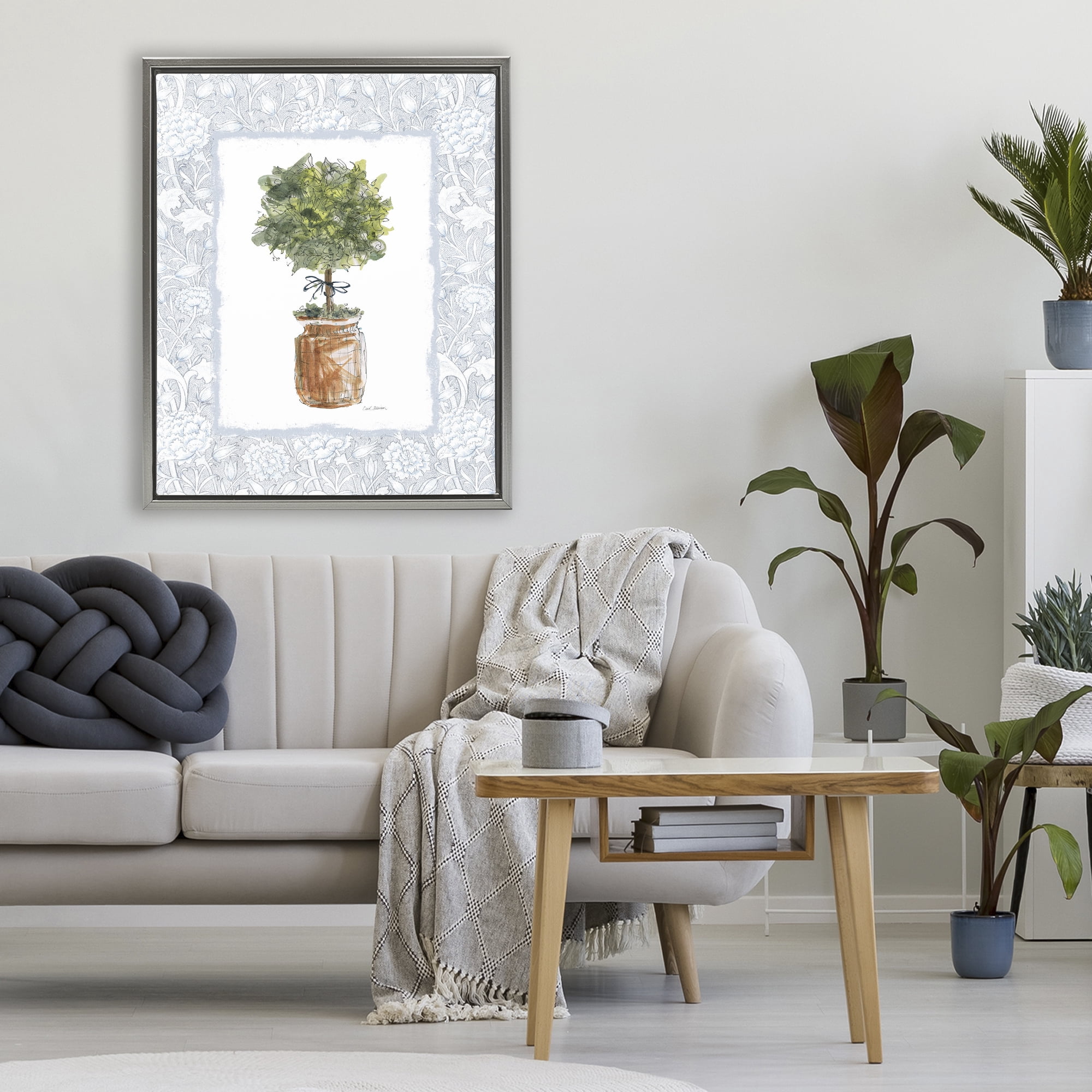 Stupell Industries Potted Topiary with Ribbon Gray Framed Floater Canvas Wall Art, design by Carol Robinson