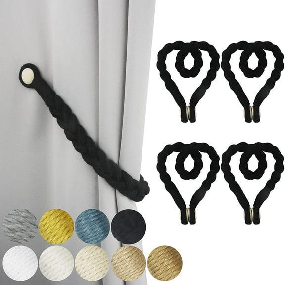 4 Pack Black Magnetic Soft Curtain Tiebacks Cotton Hand-Woven Tieback Holdback Home Decorative Tie Backs with Durable Wooden Buckle for Home Office Decor
