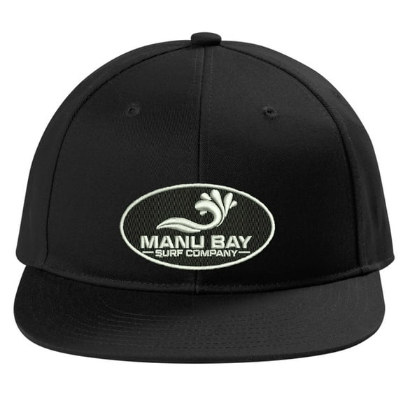 Manu Bay Surf Company Logo Patch Snapback Flat Bill Hat, Black