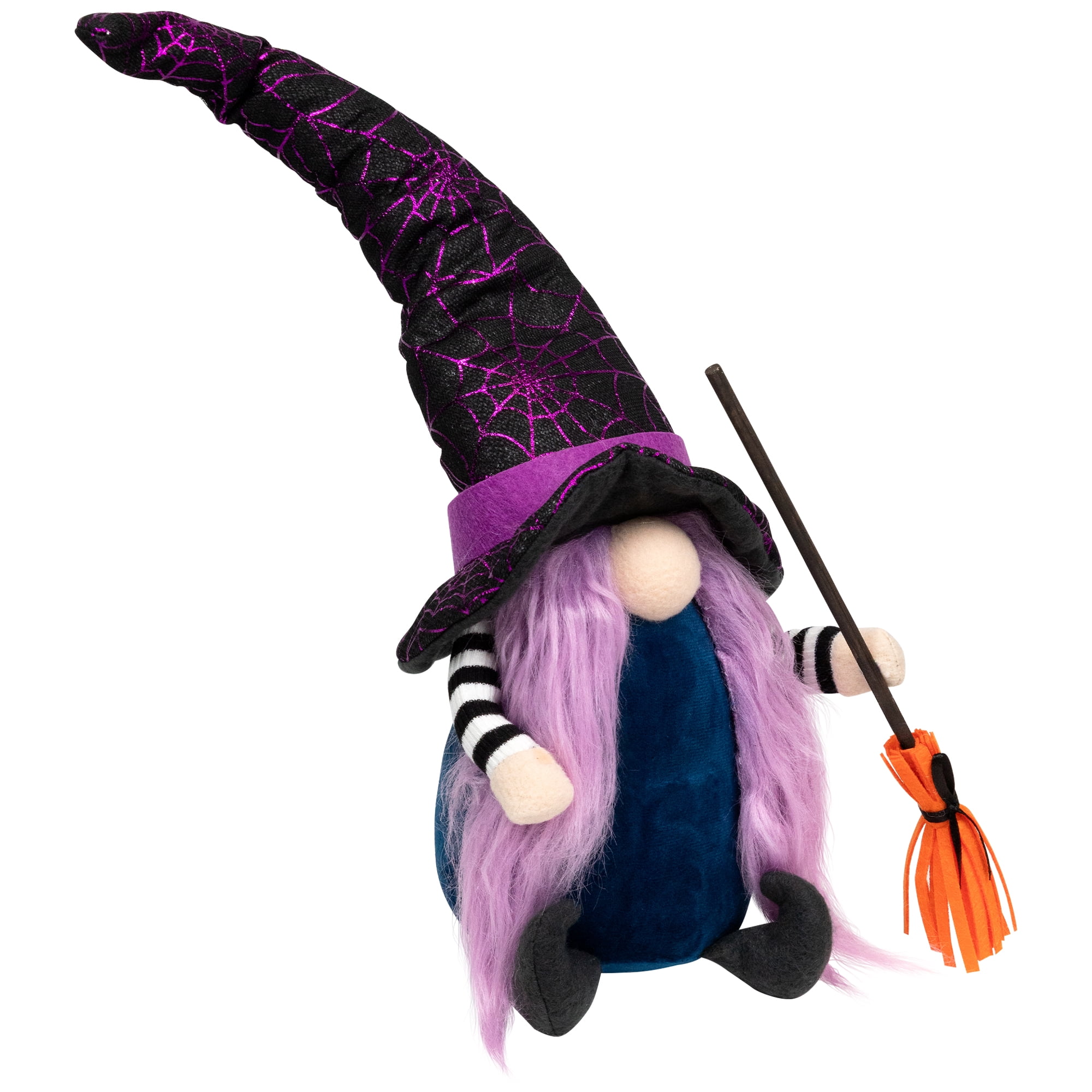 15" Black and Purple Halloween Gnome Witch with Broom