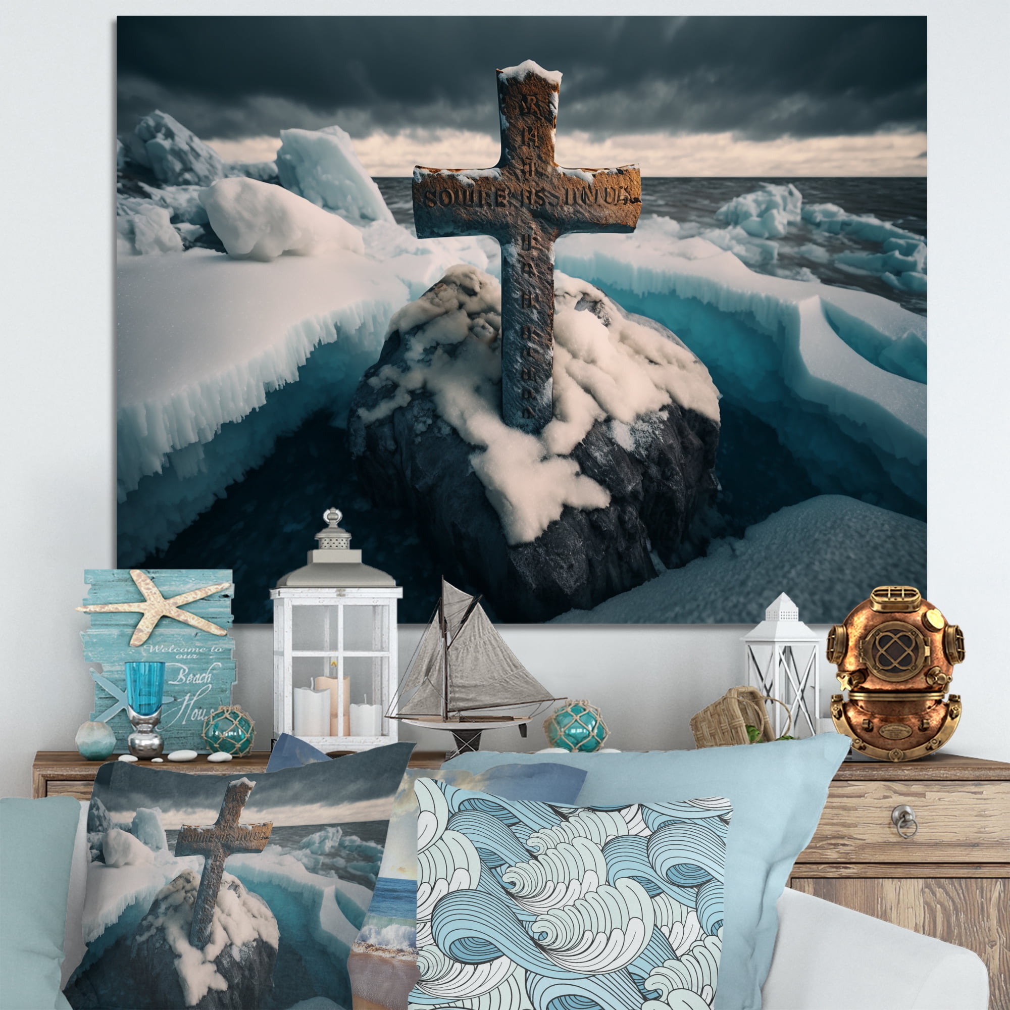 Designart Religious Cross In The Arctic Ocean I Canvas Wall Art