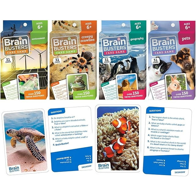Brain Busters Card Game for Kids, Family Trivia Game Bundle with 120 Flash Cards - Learn and Play with Multiple Choice Trivia Cards About Environment, Insects, Geography and Pets (Ages 6+)