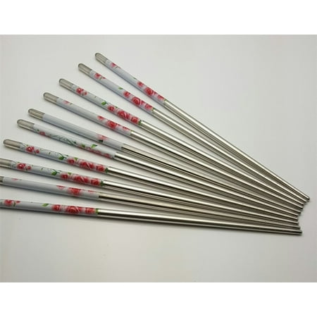 Silver Leaf Chopsticks - 10 Pcs (5 Pairs) High Quality Rose Design Silver Stainless Steel Chopsticks