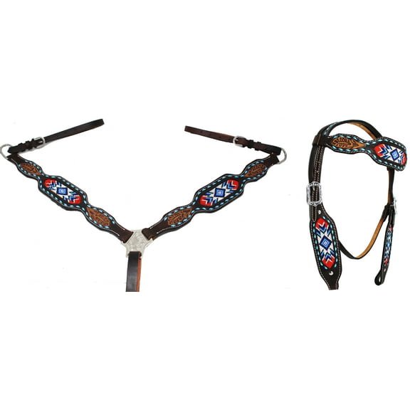 Horse Western Floral Beaded Leather Bridle Headstall Breast Collar Tack 78HR41B