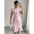 thumbnail image 3 of Pink Floral Embroidered Puff Sleeve Ruffle Hem Midi Fit & Flare Dress, 3 of 30