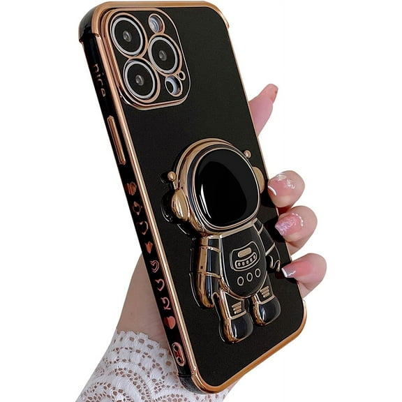 Compatible for iPhone 13 Pro Max 6.7 Inch 6D Plating Astronaut Hidden Stand Case, Cute Stand and Love-Heart Pattern Phone Case for Women Girls Men Soft TPU Shockproof Back Cover - Black