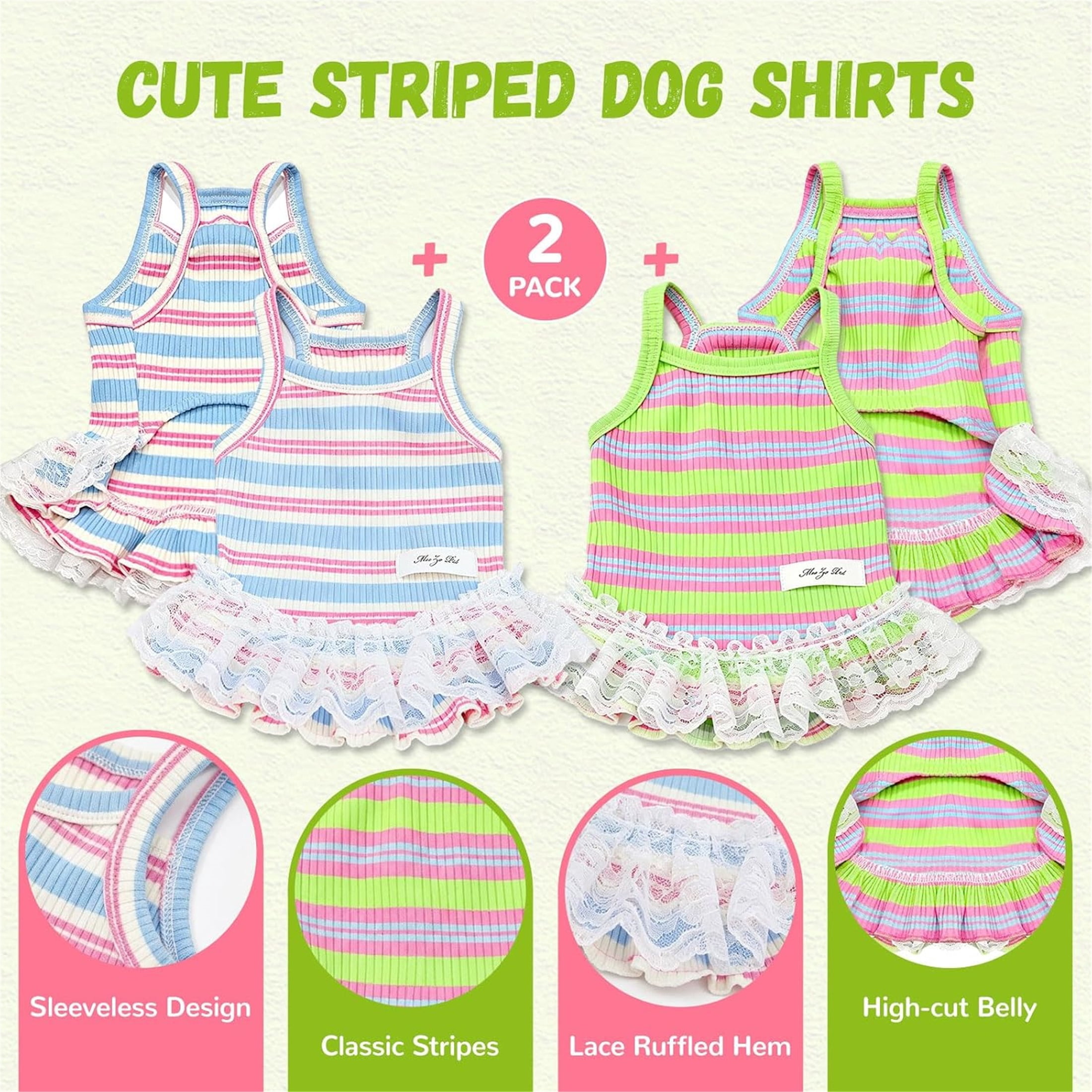 HQREA Striped Dog Shirts for Small Dogs Girl Cute Dog Dress Summer Puppy Clothes Pet Tshirt Skirt Outfits,2 Pack