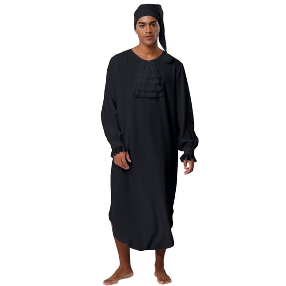 vastwit Men's Victorian Style Nightgown Soft Loose Sleep Robe with Night Cap Pajama Set Sleepwear Black L