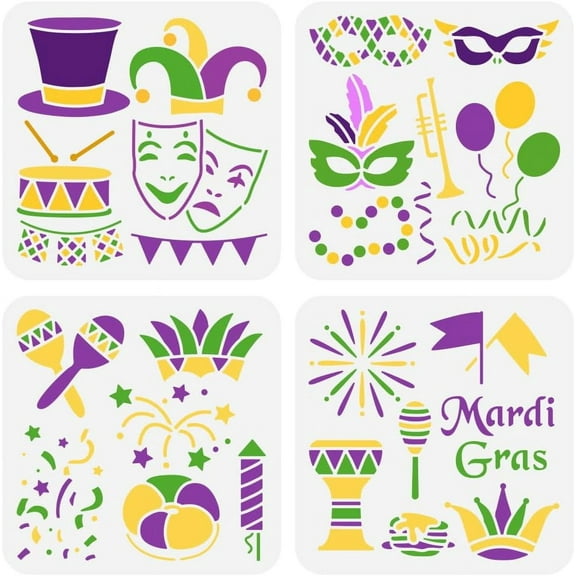 4PCS Mardi Gras Painting Stencil 7.9x7.9inch Large Drums Balloons Colorful Ribbons Drawing Template Musical Instruments Flags Stencil for Painting Reusable Mardi Gras Words Template Colorful
