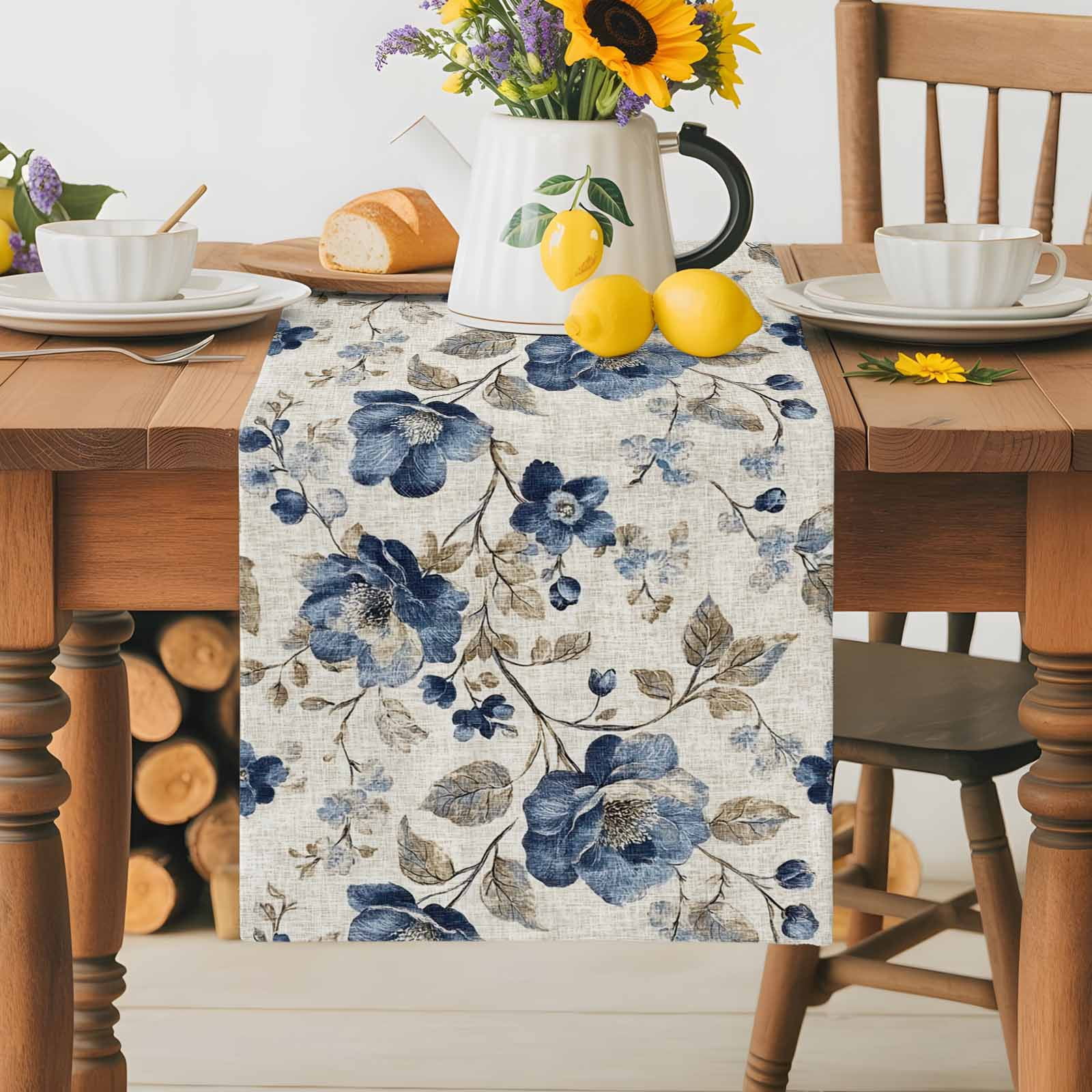 Blue Gray Spring Floral Cotton Linen Table Runner for Dining Kitchen, Vintage Botanical Wedding Outdoor Party Tablerunners Decoration, Dresser Scarf Coffee Tablecloth Runners 13x72 Inches