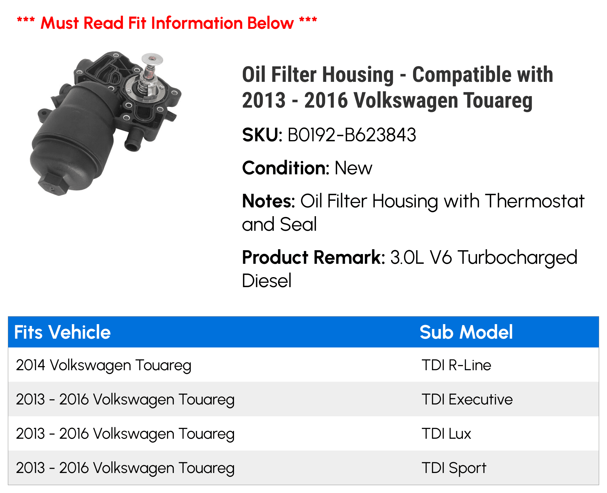 Oil Filter Housing - Compatible with 2013 - 2016 Volkswagen Touareg - Replacement