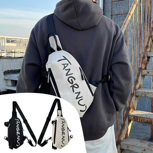 Pequeña bandolera para hombres y mujeres - Bolsa cruzada resistente al agua para el pecho con agujero para auriculares, 30x17x14cm, negra/blanca