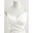 thumbnail image 3 of White Satin Bodycon Dress With Pearl-Embellished Spaghetti Straps, Crossover Neckline, Ruched Waist And Side Slit, 3 of 5