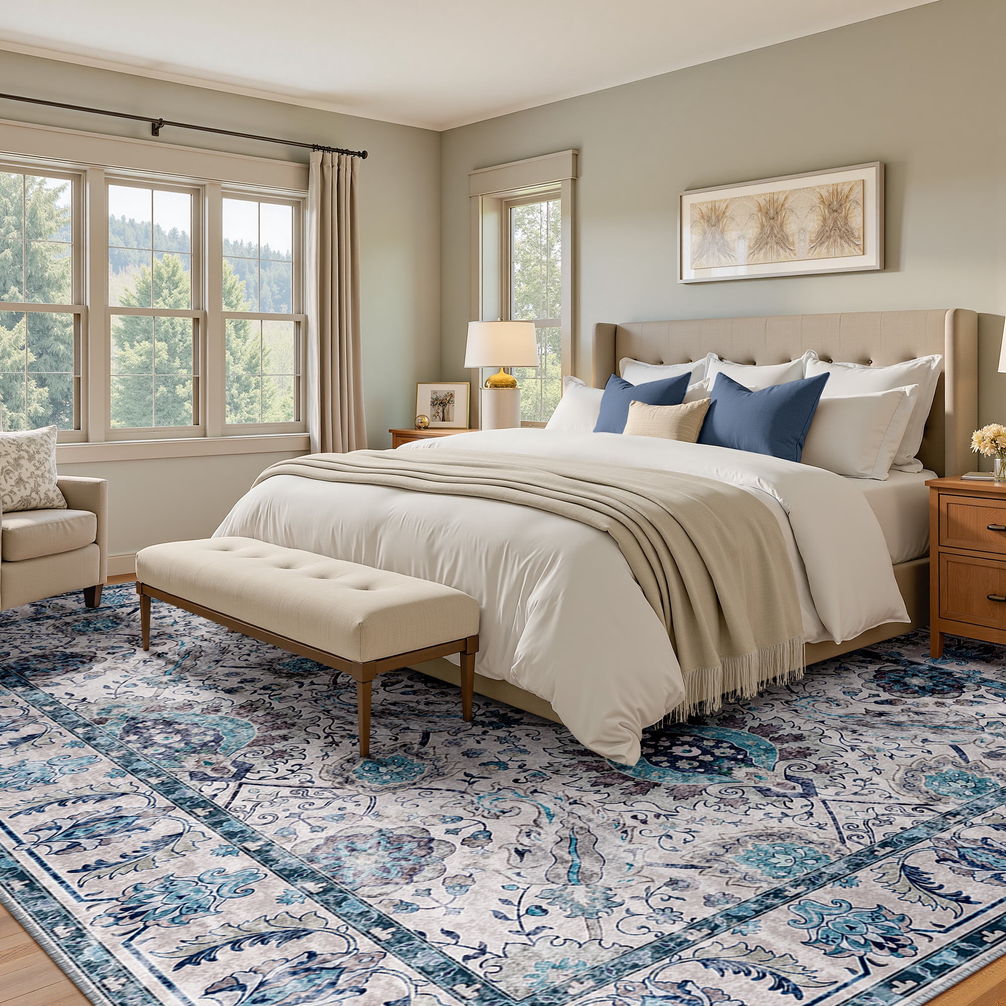 NewBuros Area Rugs 8'x10' Washable Non-Slip Boho Rugs, Soft Stain Resistant Low Pile Print Indoor Carpet for Living Room Bedroom Dining Room, Turquoise