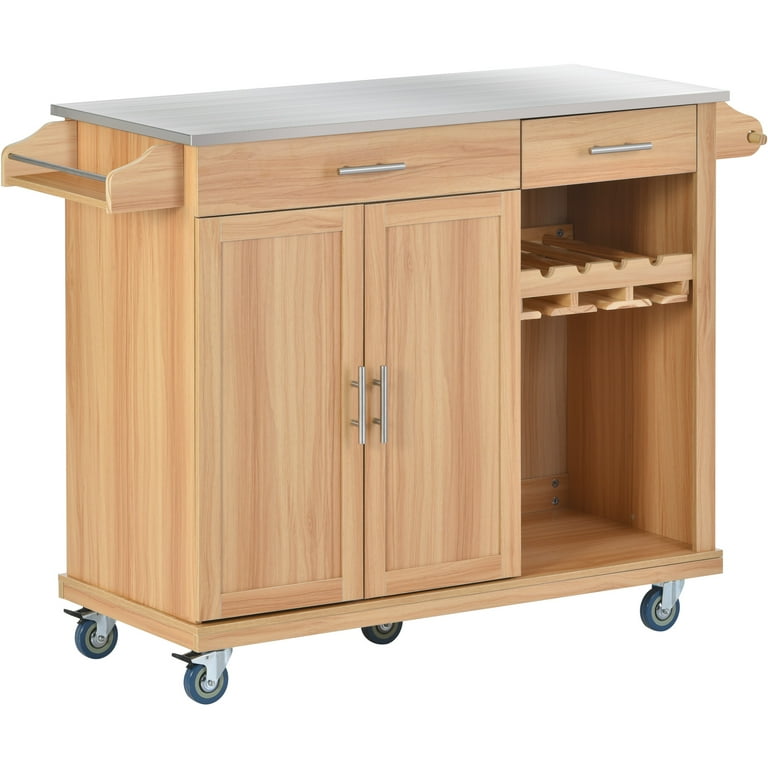 Topeakmart Kitchen Cart with Stainless Steel Top & Storage Kitchen Island  on Wheels with Drawer & Cabinet & Open Shelves & Wine Rack & Spice Rack