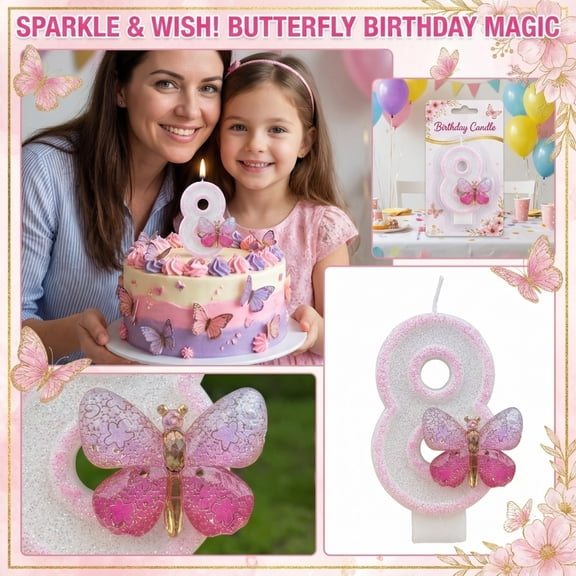 Birthday Number Candle, Glitter Butterfly Decor, 1 Piece,Suitable for Kids Birthday Party Cake Decoration