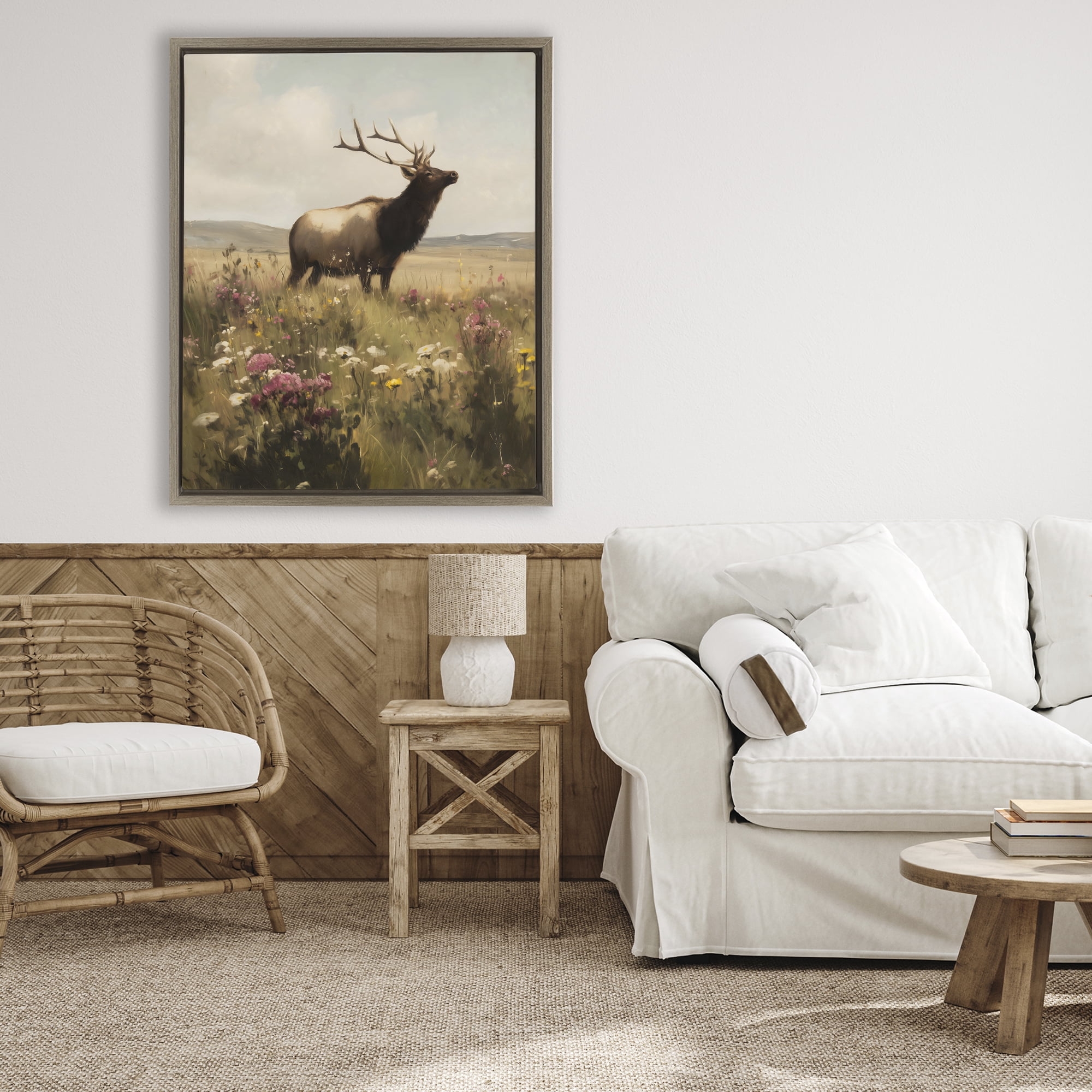 Stupell Industries Elk in the Wildflower Meadow Brown Framed Floater Canvas Wall Art, design by Arlington Prints
