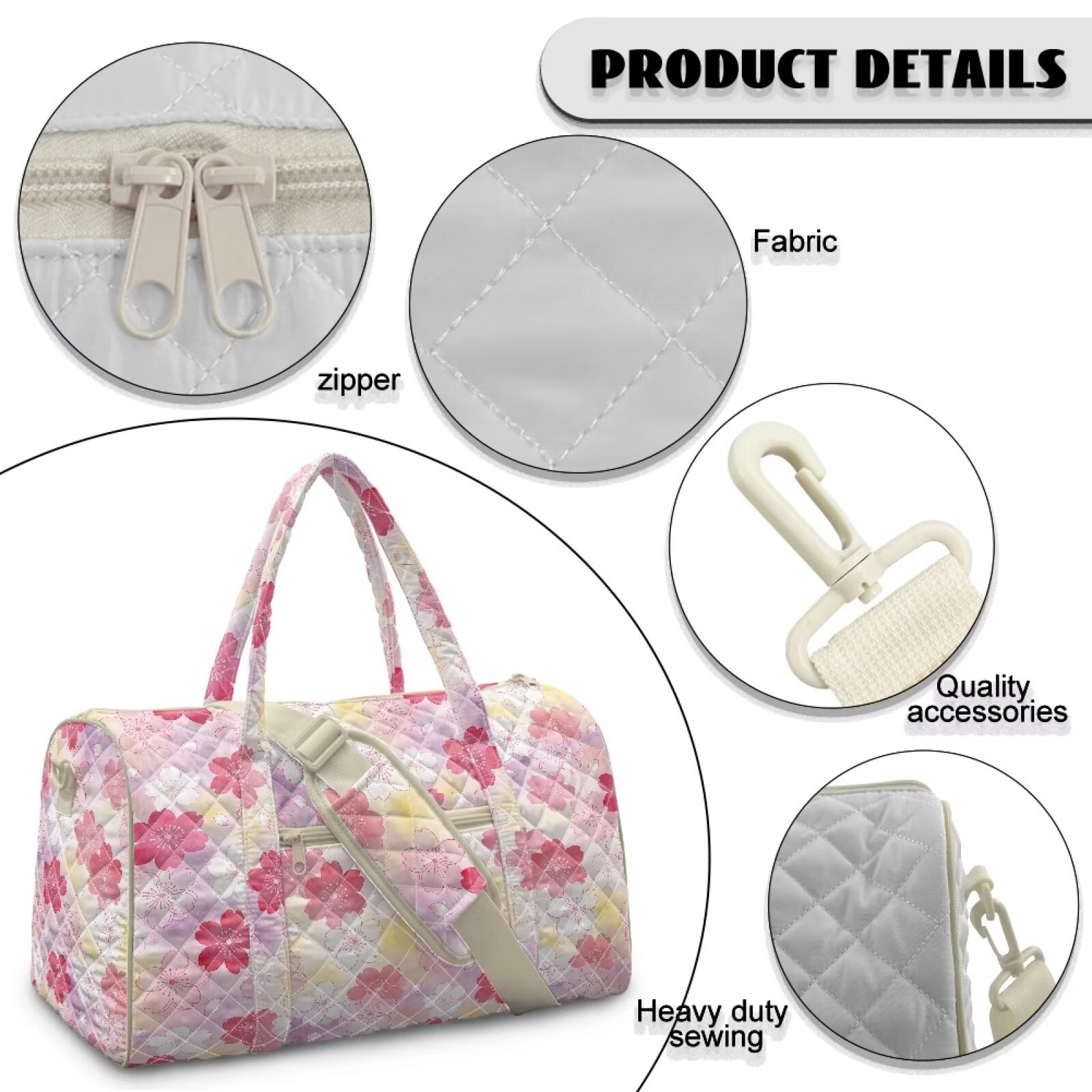 Garronmavis Pink Cherry Blossom Large Quilted Duffle Bag for Women, Weekender Travel Bag Carry On Bag with Zipper Pockets, Cute Gym Overnight Dance Tote