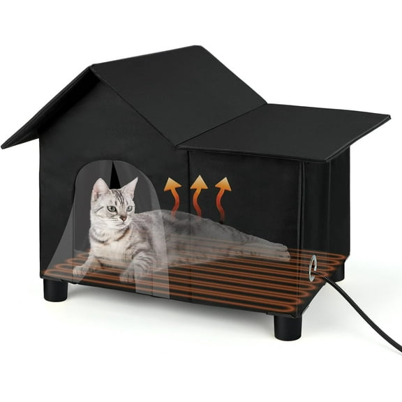 Large Heated Cat House for Outside, Elevated Outdoor Cat House Weatherproof with Heating Pad for Winter, Warm Feral Cats Shelter for Multiple Cats, 19.7 X 13.4 X 18.1 Inches (Black)