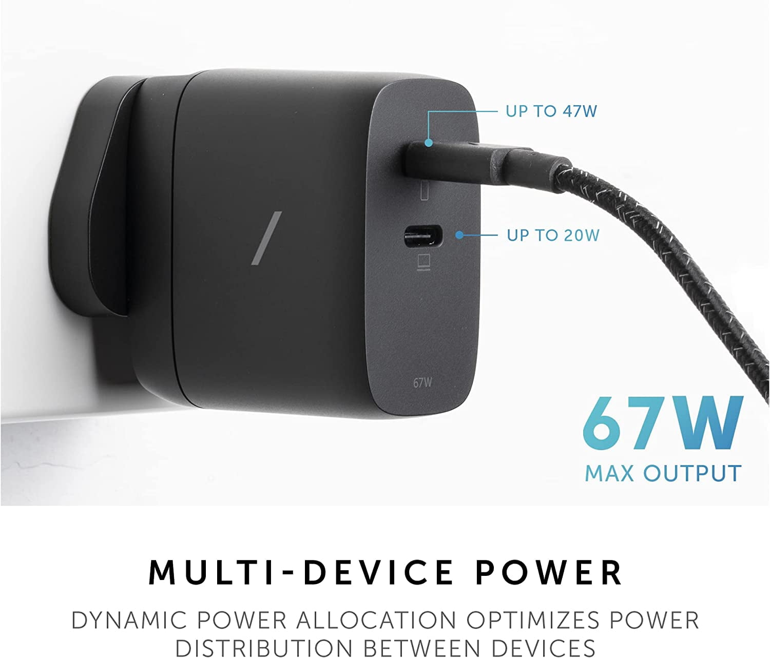 Native Union Fast GaN Charger PD 67W – USB-C Multi-Device Ports with US/CA, EU, UK Adapters (Black)
