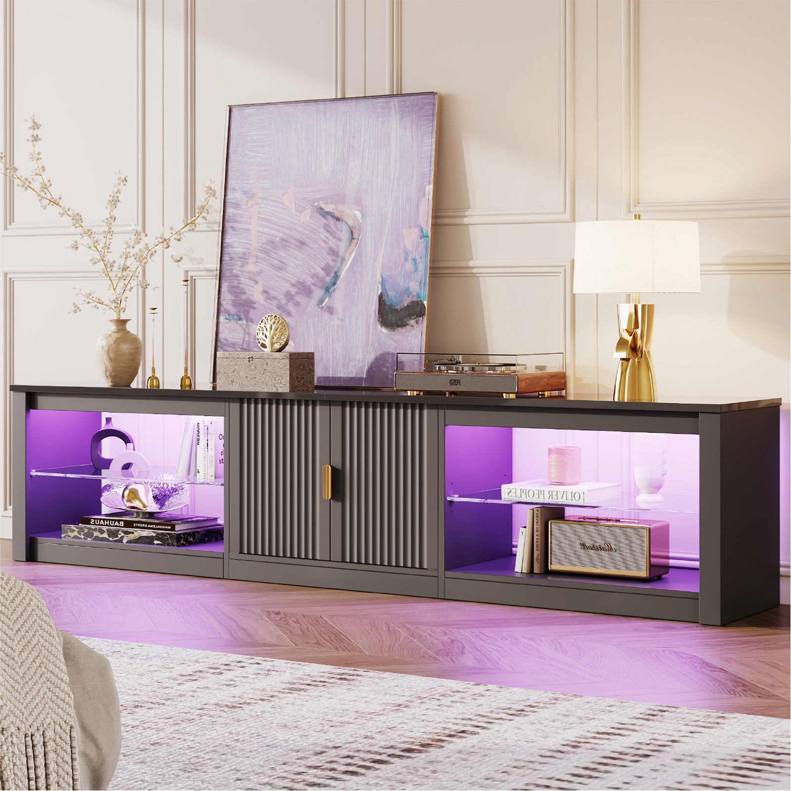 Bestier 80 inch TV Stand for TVs up to 85", High Gloss Entertainment Center with LED Lights & Storage Cabinet, Modern Fluted TV Console, Black