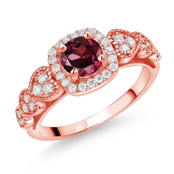 Gem Stone King 18K Rose Gold Plated Silver Red Rhodolite Garnet and White Moissanite Engagement Ring for Women (1.38 Cttw, Round 6MM, Gemstone January Birthstone, Size 7)