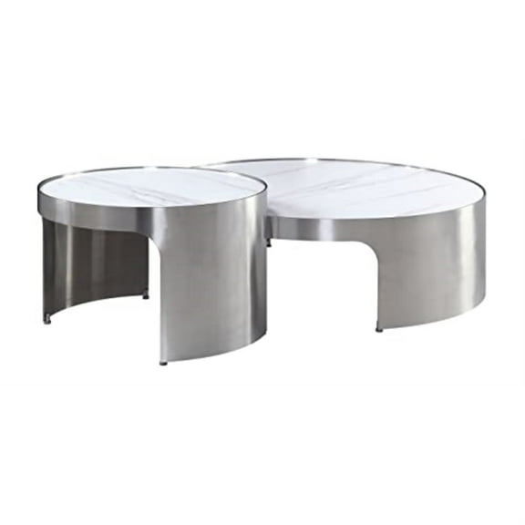 ACME Abilene Nesting Coffee Table Set, Engineered Marble & Brush Silver Finish