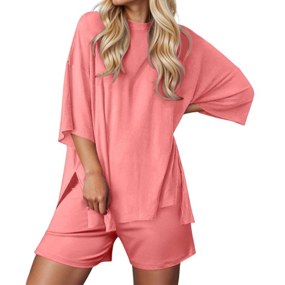 Yuhangmm Short Sets for Women, Women Round Neck T Shirt And Athletic Shorts Suit Set For Sports Summer Casual Comfortable Outfit Red3 XXXL