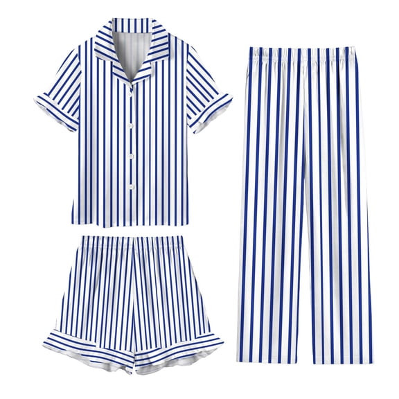 ITSAME Girls Outfit Set, Button Up Short Sleeve Shirt with Casual Loose Shorts and Pants Kids Home Clothes 3-Piece Blue 7T