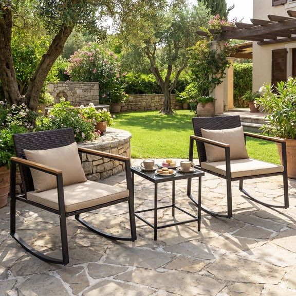 Costway 3-Piece Outdoor Rocking Bistro Set, Patio Rocking Chairs & Coffee Table Set Mix Brwon   Beige