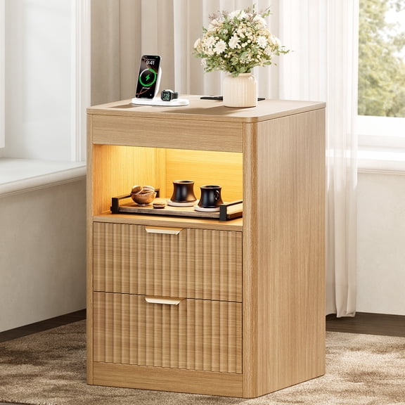 GUNAITO Fluted Nightstand with Charging Station, Modern LED Night Stand with 2 Drawers and Pull Out Tray, Wood Bedside Table, End Side Table with Open Shelf for Bedroom,Natural
