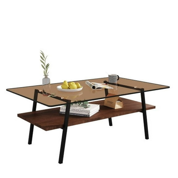Rectangle Coffee Table, Tempered Glass Tabletop with Black Metal Legs, Modern Table for Living Room , Brown Glass