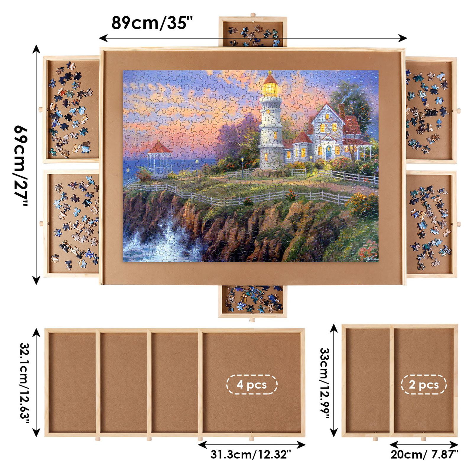 Tableau de Puzzle pour 1000 à 1500 PCS Table de Puzzle 80 x 65 cm 4 Tiroirs  Coulissants Latéral en Bois Naturel - Costway