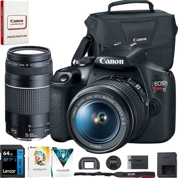 Canon EOS Rebel T7 DSLR Camera with EF18-55mm   EF 75-300mm Double Zoom Kit 2727C021 Bundle with Lexar Premium 64GB SDXC Memory Card, Deco Essentials Camera Bag and Corel Photo Video Suite