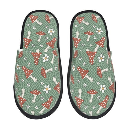 

Qekee Retro Hippie Groovy Mushroom print Slippers for Women and Men Fluffy Cute Cozy House Slipper Funny Furry Bedroom Slippers for Women Indoor -Medium