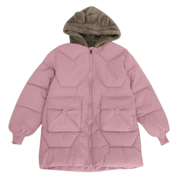 Otqutp Baby Casual Snowsuit Little/big Kids Girls' Closure Long Sleeve Fashion Bear Ears Hooded Zipper Jacket with Big Pockets Fall Winter Clothes Coat(Pink,5-6 Years)