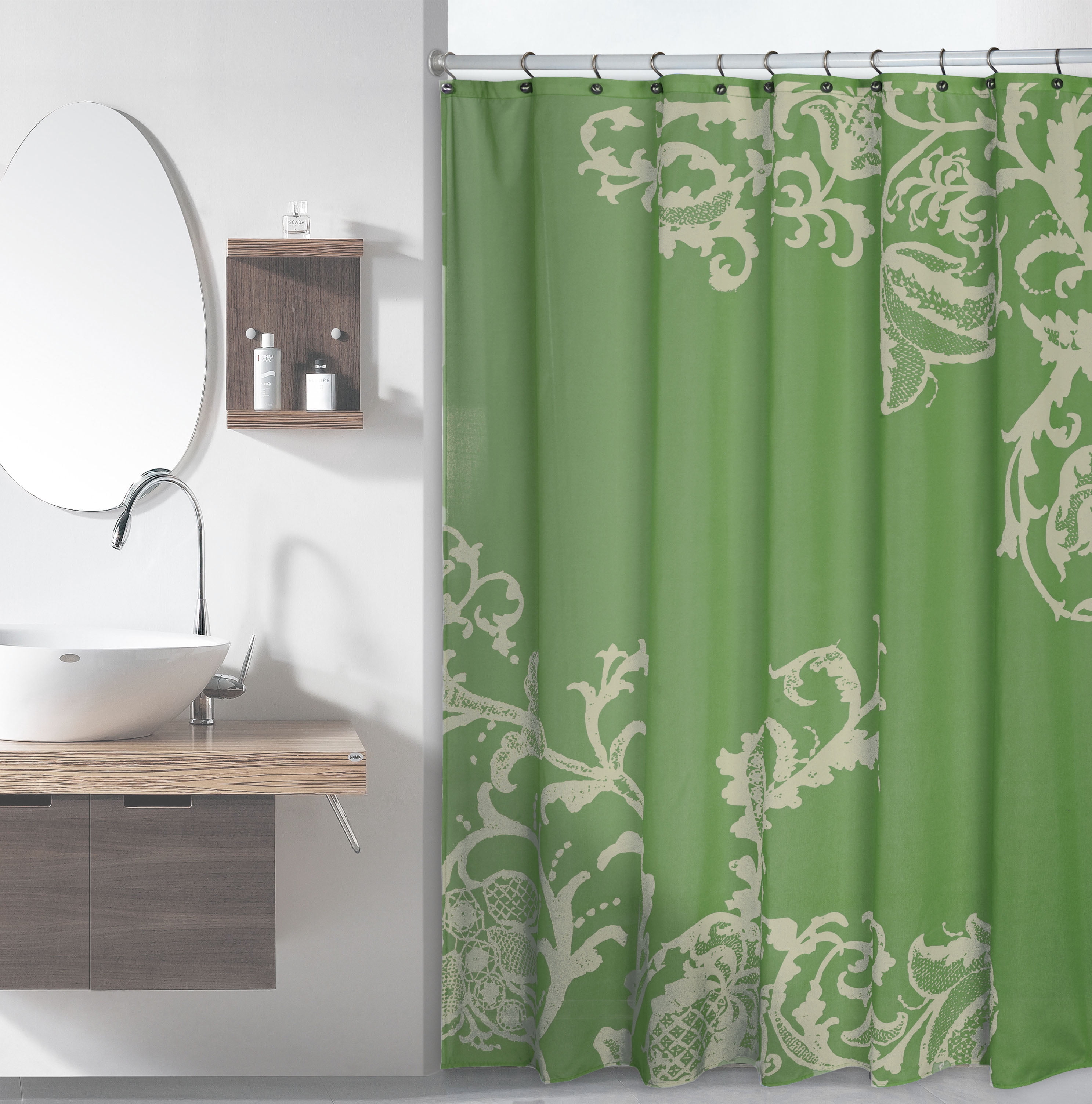 Sage Green Luxury Fabric Shower Curtain With Beige Floral Pattern