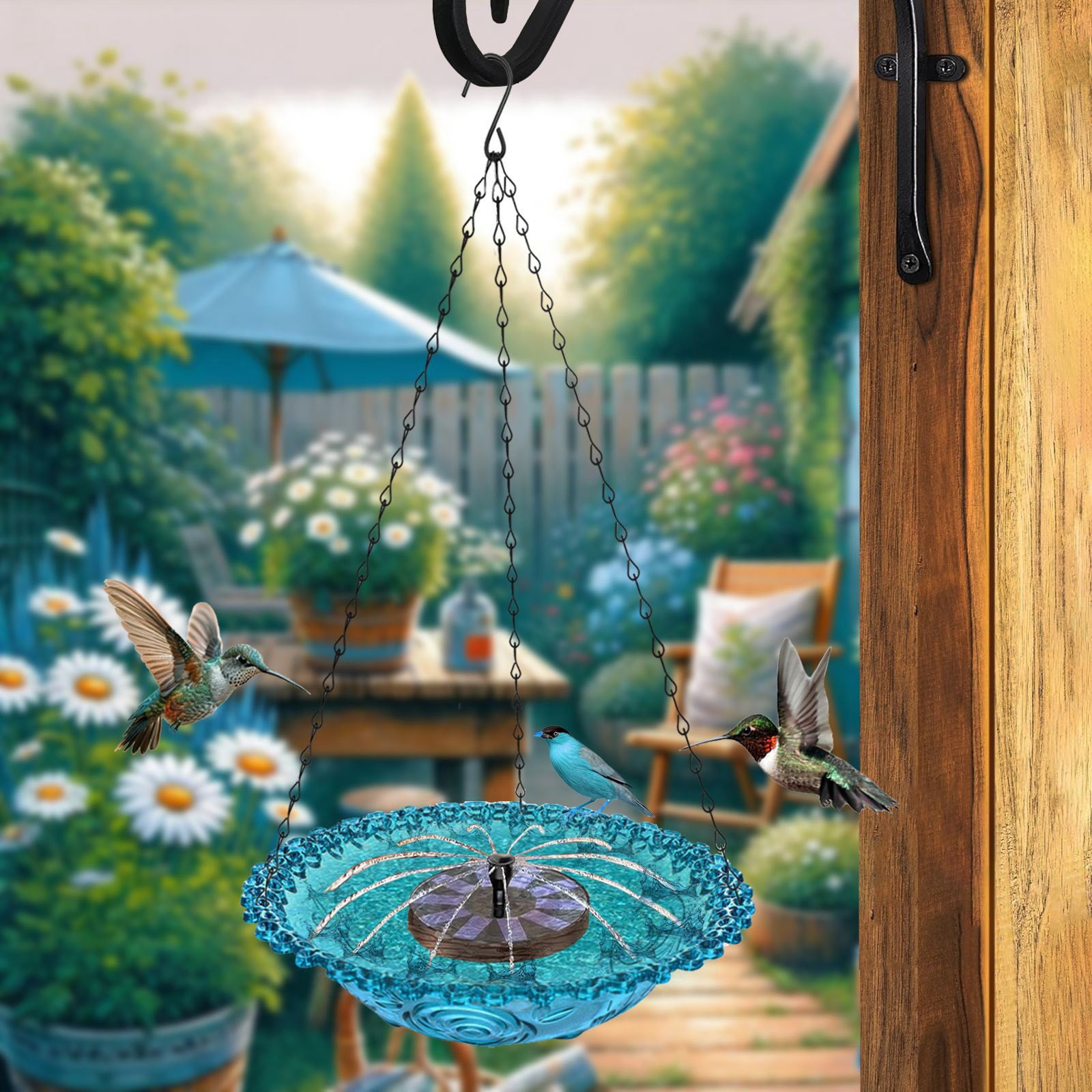 Solar Cascade Hanging Bird Bath Fountain, Metal Solar Powered Birdbath with Water Pump, Weatherproof Hanging Water Feature, Large Humming Birds Baths Fountains for Outdoor, Gardens