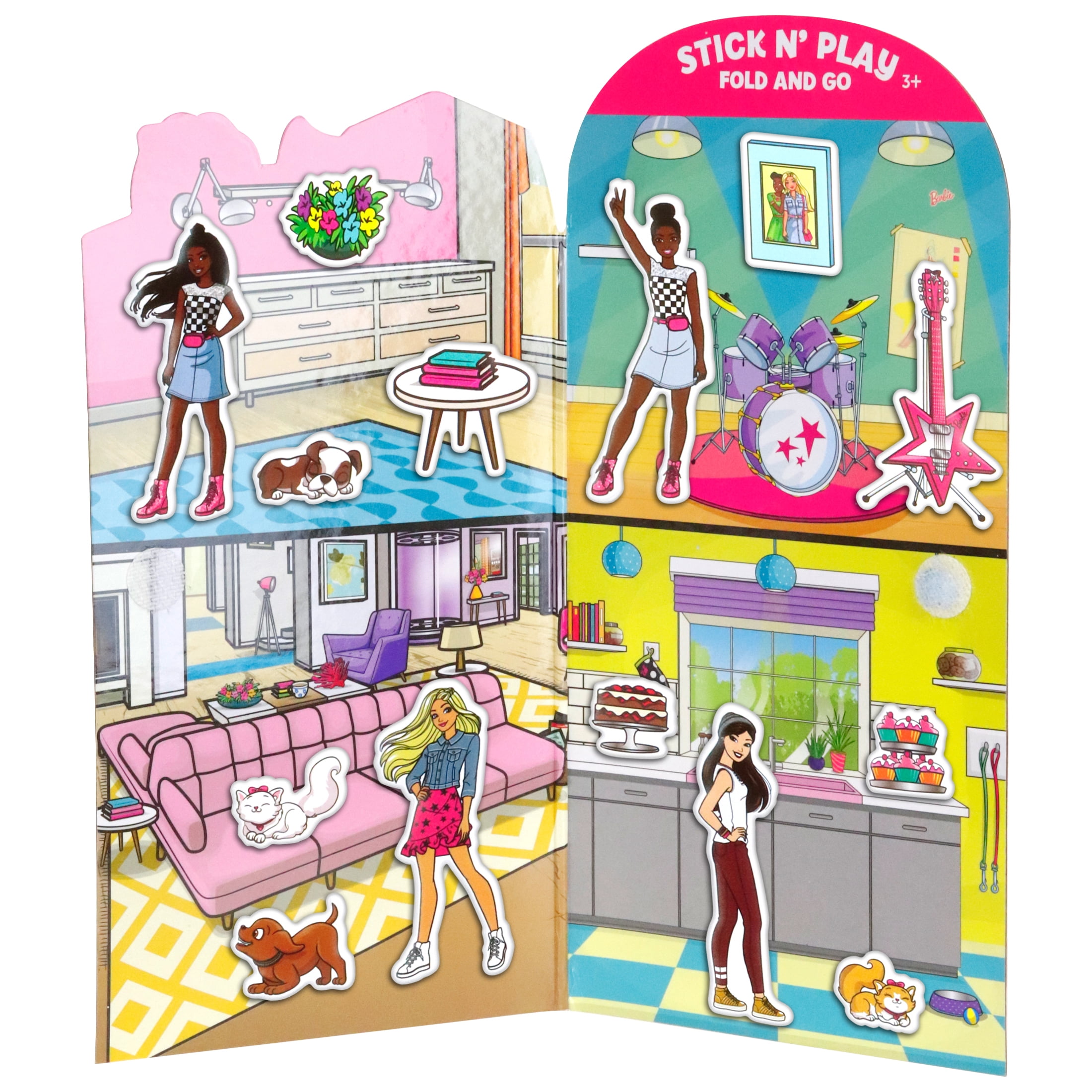 Barbie Stick and Play, Fold and go with 25 Multicolor Repositionable Puffy Stickers, for Female Ages 3+