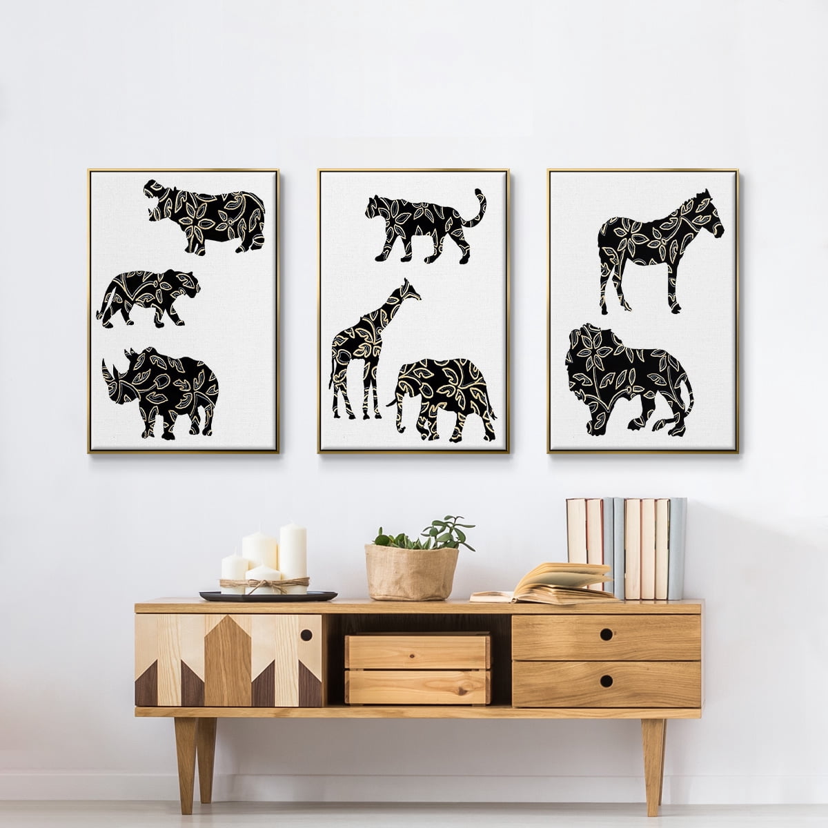 Ornamental Safari Animals I - Framed Premium Gallery Wrapped Canvas L Frame 3 Piece Set - Ready to Hang