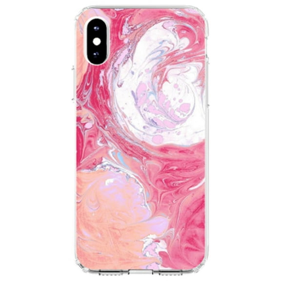 DistinctInk Clear Shockproof Hybrid Case for iPhone XR (6.1" Screen) - TPU Bumper, Acrylic Back, Tempered Glass Screen Protector - Hot Pink Blue White Marble Image Print - Printed Marble Image