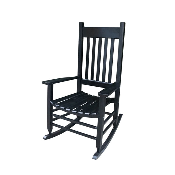 Black Solid Poplar Wood Porch Rocking Chair, Outdoor Patio Rocker Chair with Wide Seat & Armrests, Slatted High Backrest Leisure Glider Rocking Chair, Cushion Not Included