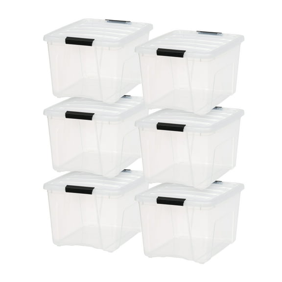 IRIS USA 40 Qt Stackable Plastic Storage Bins with Lids, 6 Pack - BPA-Free, Made in USA - See-Through Organizing Solution, Latches, Durable Nestable Containers, Secure Pull Handle - Clear