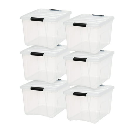 IRIS USA 40 Qt Stackable Plastic Storage Bins with Lids  6 Pack - BPA-Free  Made in USA - See-Through Organizing Solution  Latches  Durable Nestable Containers  Secure Pull Handle - Clear