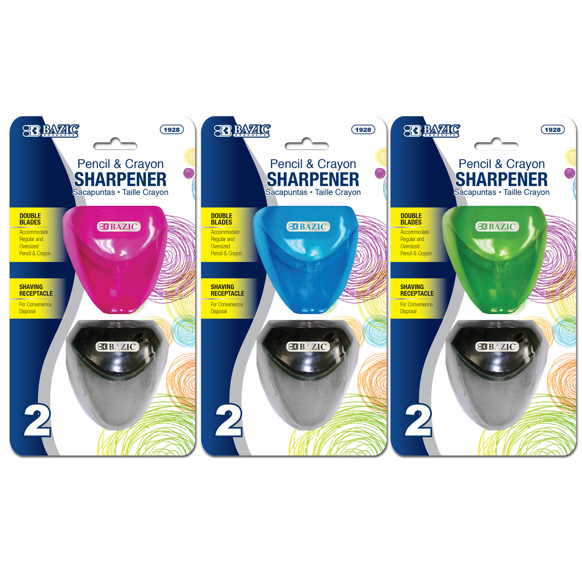 BAZIC Pencil Sharpener Dual Blades w/ Receptacle, Standard & Jumbo Size