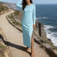 thumbnail image 5 of Ayolanni Round Neck Fall Dresses Long Sleeve Plus Size A-Line Maxi Dresses Casual Daily Split Solid Long Dress with Pockets Blue L, 5 of 6