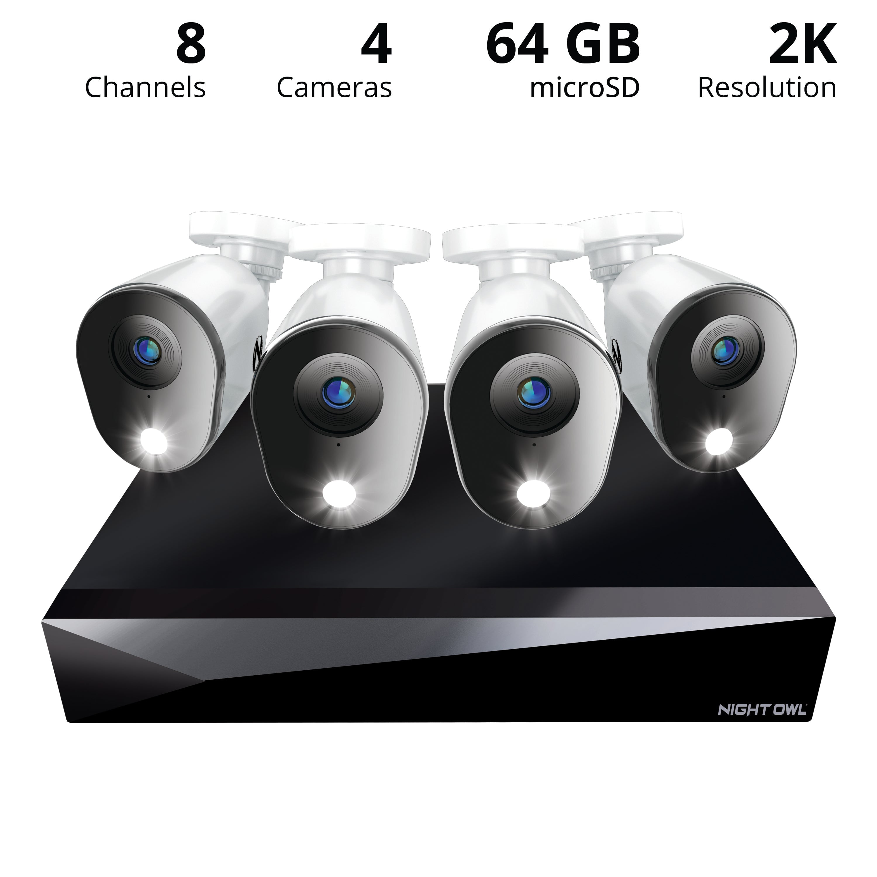 Night Owl WM-FTD4HS-4644L Water-Resistant 2K 4 Channels Video Surveillance Cameras with DVR, 4 Wired 2K Cameras, 64GB MicroSD Card, White (4 Pack)